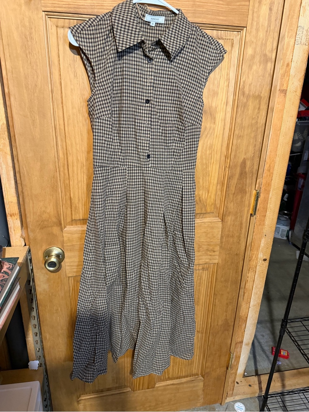 RIHOAS Brown Check Maxi Shirt Dress